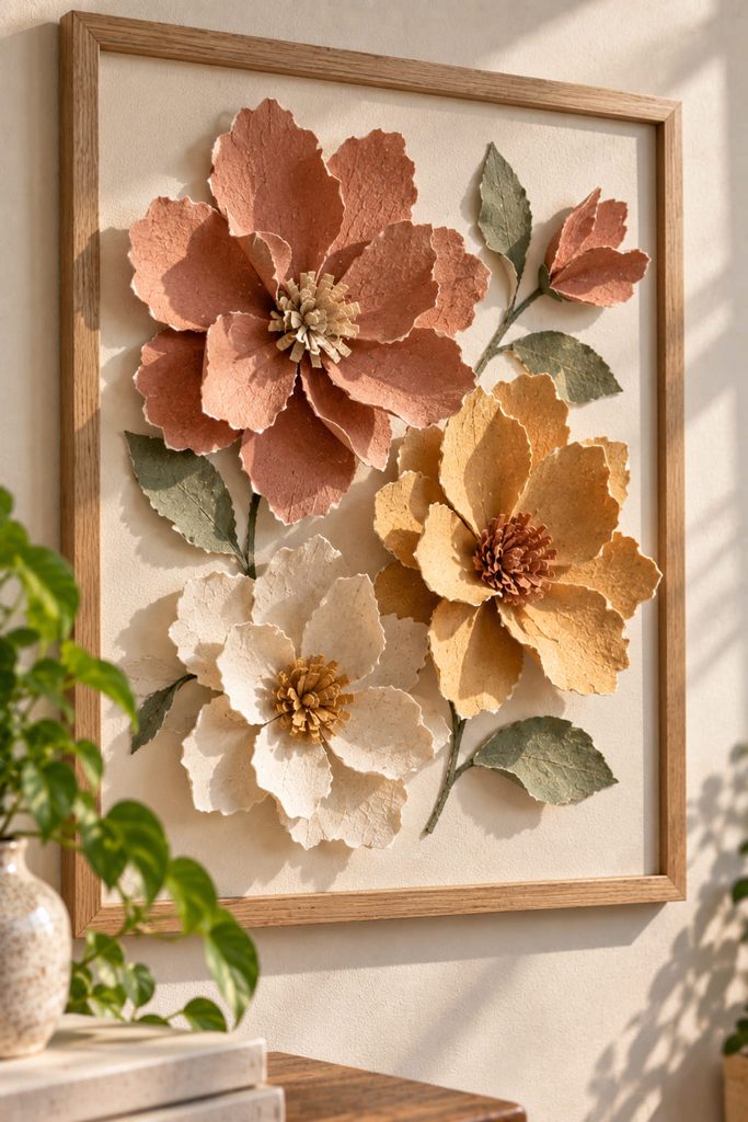 Raised floral wall relief with hand-torn paper petals casting soft shadows on a neutral panel.