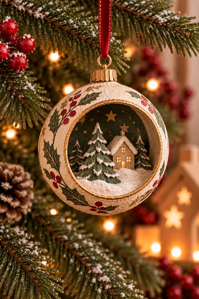 Hanging paper-mache diorama orb with a cutout window framing a miniature snowy paper tree scene.