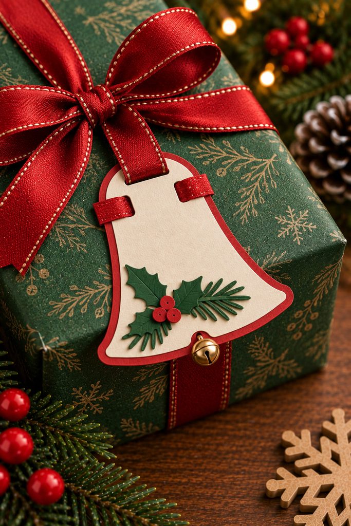 Bell-shaped cardstock tag locked flat beneath ribbon threaded through two slots.