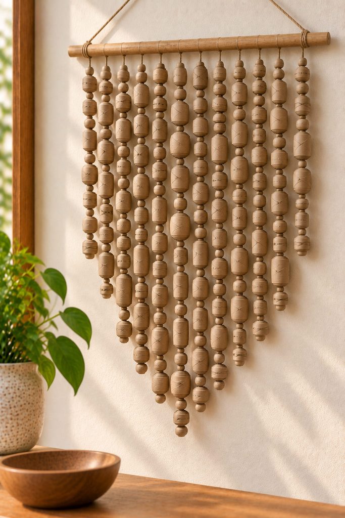 Cardboard bead wall tapestry made from rolled toilet paper tube strips threaded into vertical strands.