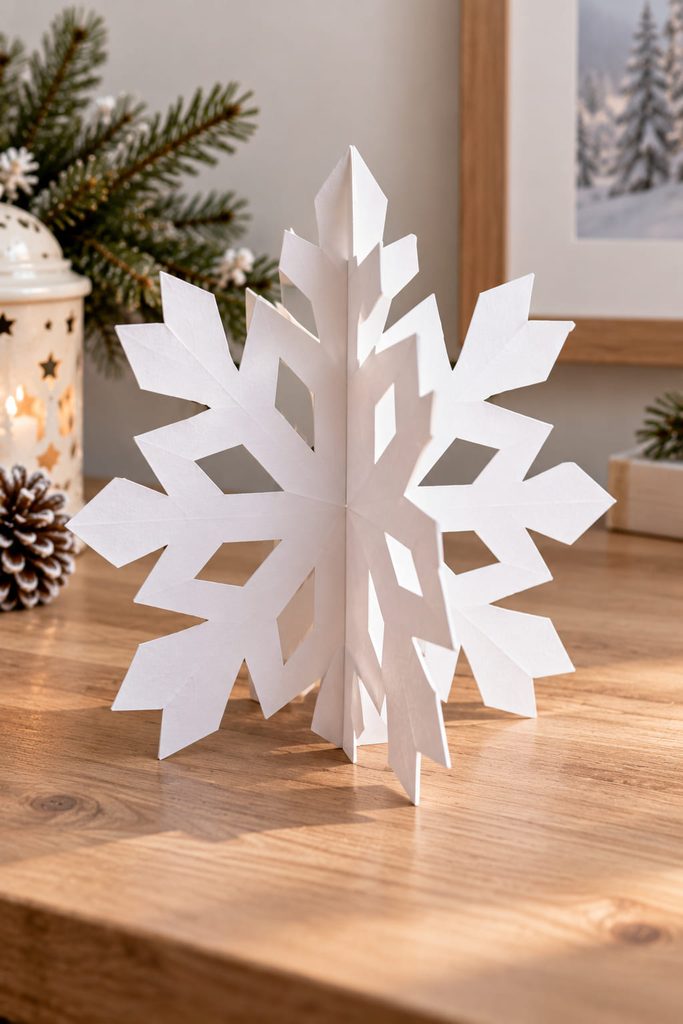Slot-together cardstock snowflake standing upright on a tabletop.