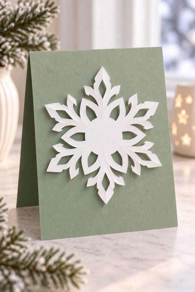 Solid-hub paper snowflake medallion mounted on a soft sage greeting card.