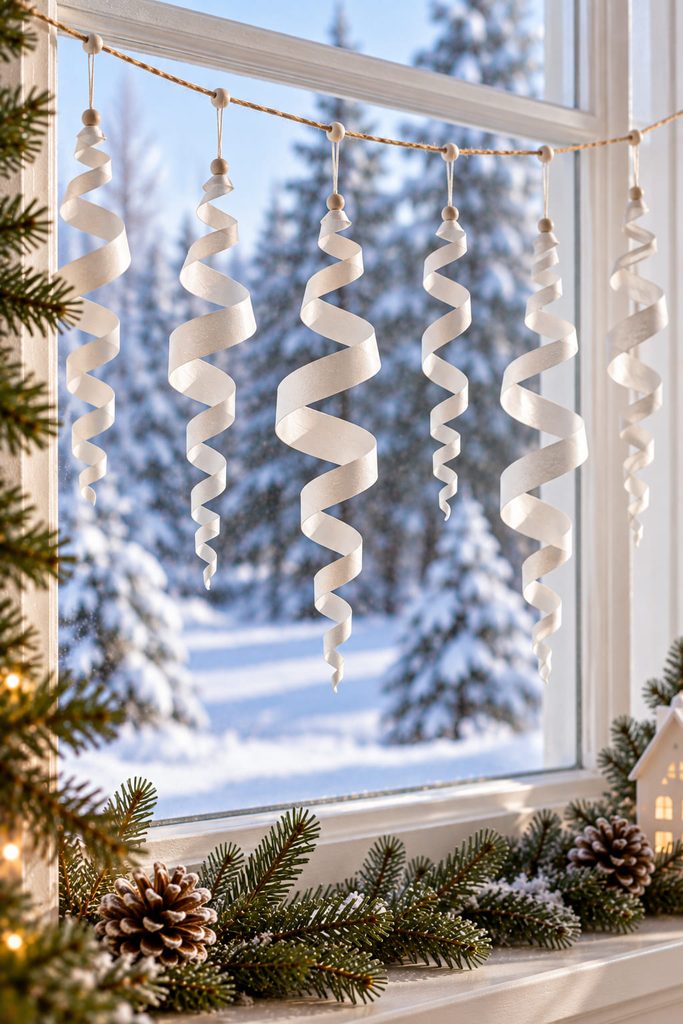 White spiral paper icicle drops twisting freely in a Christmas window garland.
