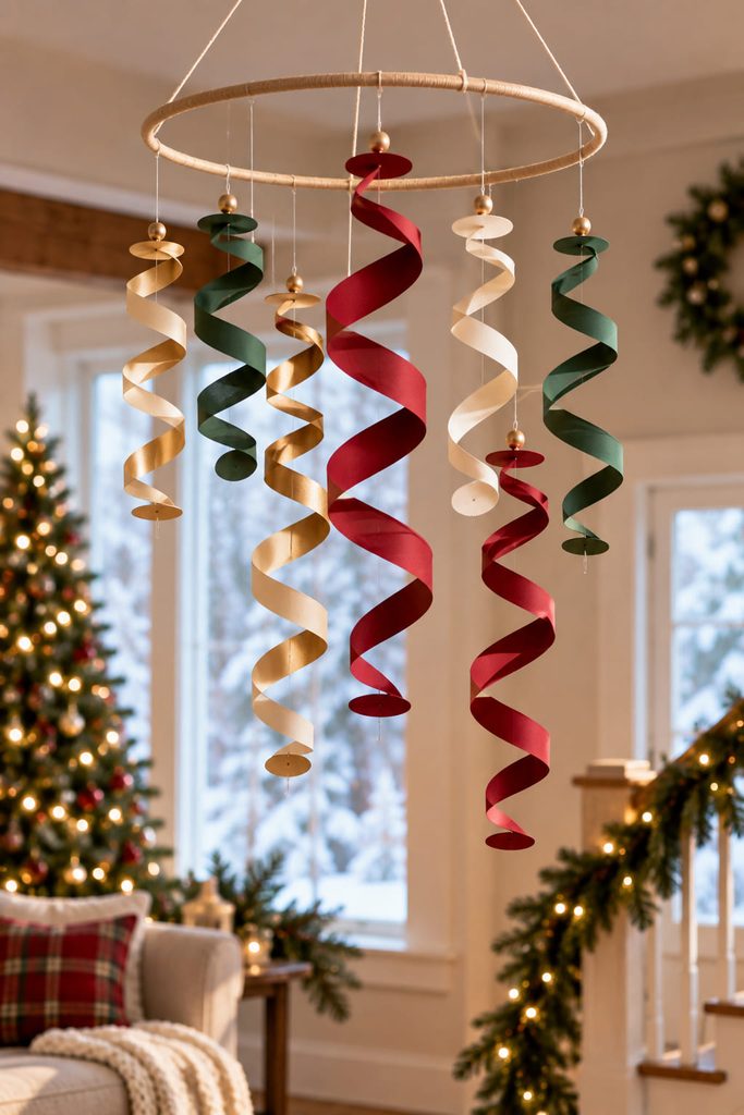 Paper spiral ornaments hanging from a balanced hoop in an airy Christmas mobile.
