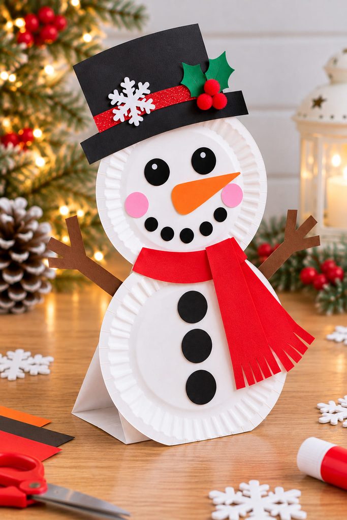 Freestanding paper plate snowman with folded base
