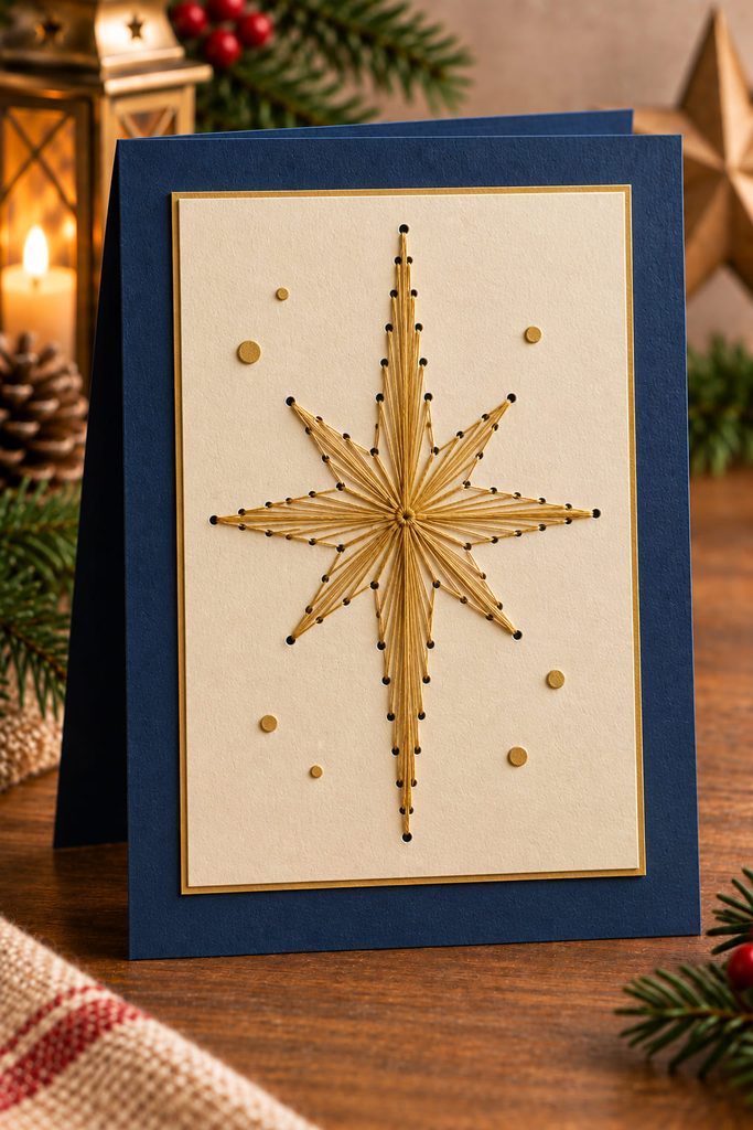 Pierced navy cardstock panel stitched with gold thread into an elongated Bethlehem star.
