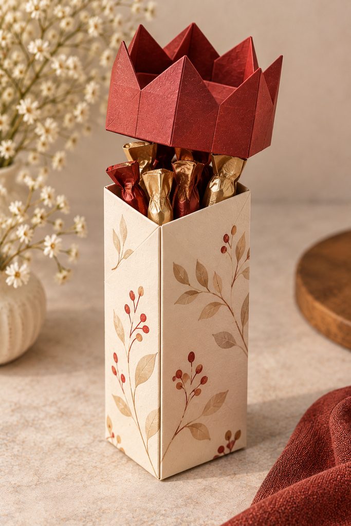 Tall cream folded paper box with a red crown-style lid.