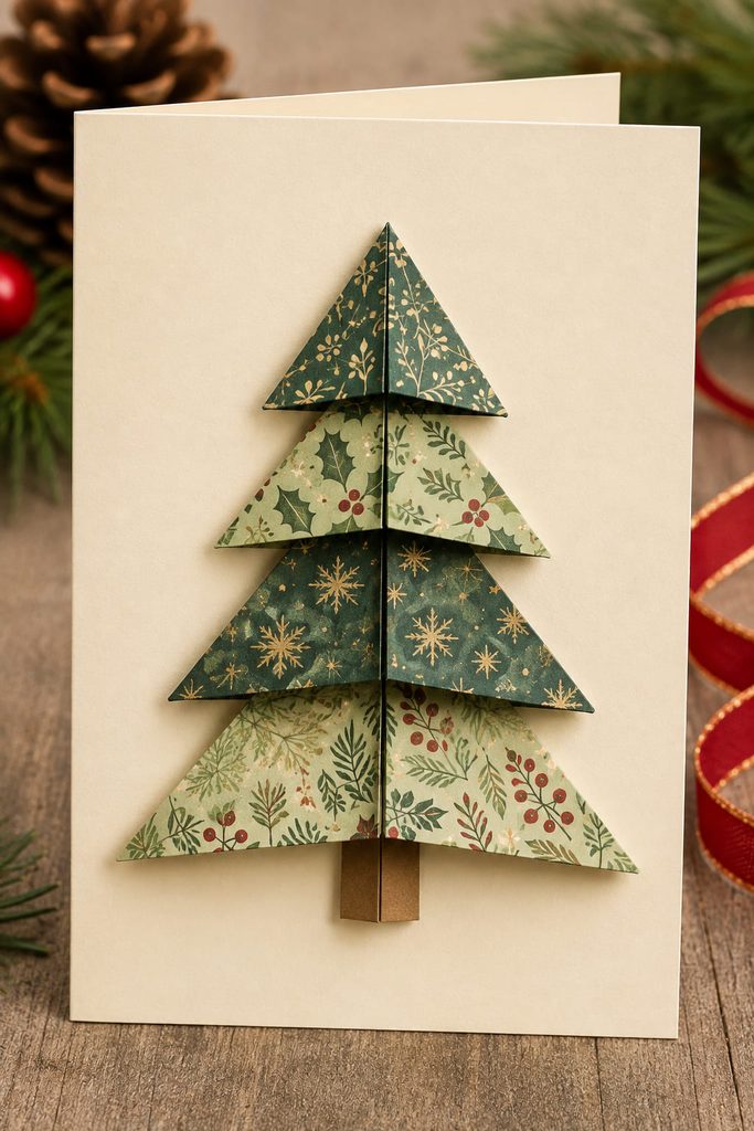 Layered tea-bag fold Christmas tree made from nested triangular paper units on a card front.