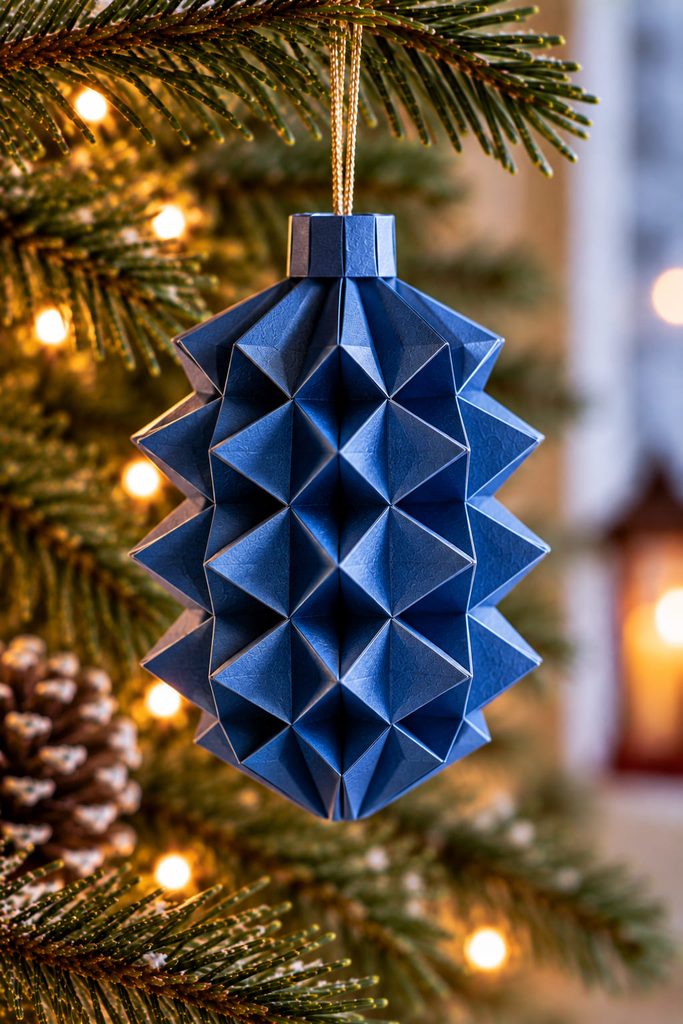 Cobalt-blue tessellated bellows ornament with repeated folded ridges hanging from a reinforced paper collar.