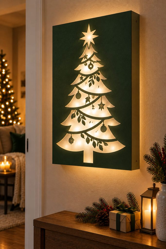 Vellum-backed Christmas tree openings glowing softly from a cool battery LED inside a shallow wall panel.