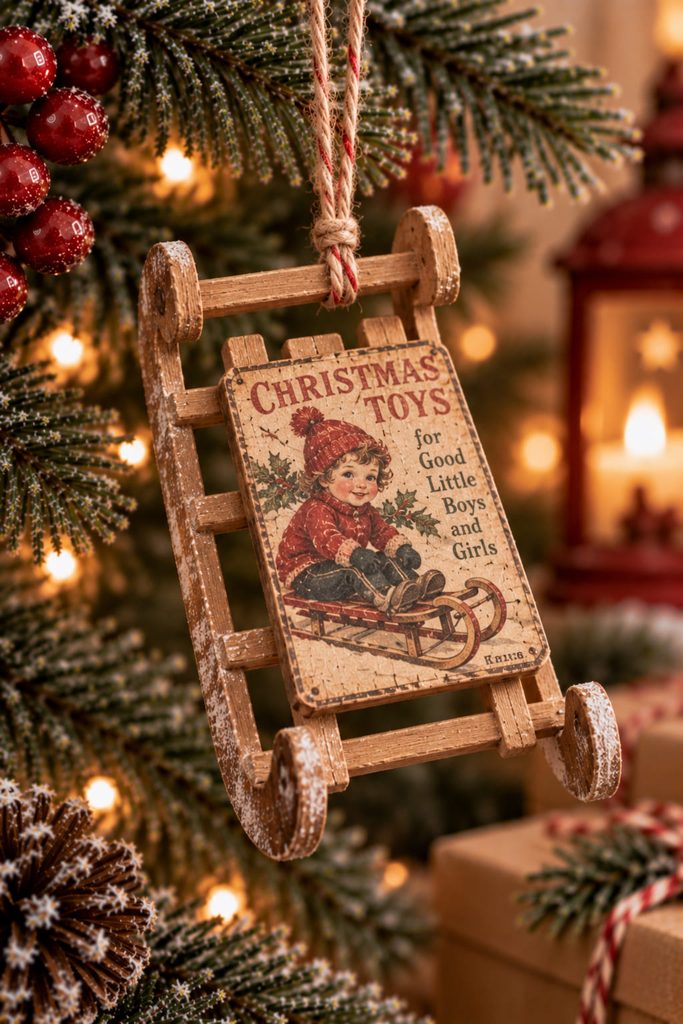Craft-stick sled ornament with a cropped vintage toy advertisement decoupaged onto the seat.
