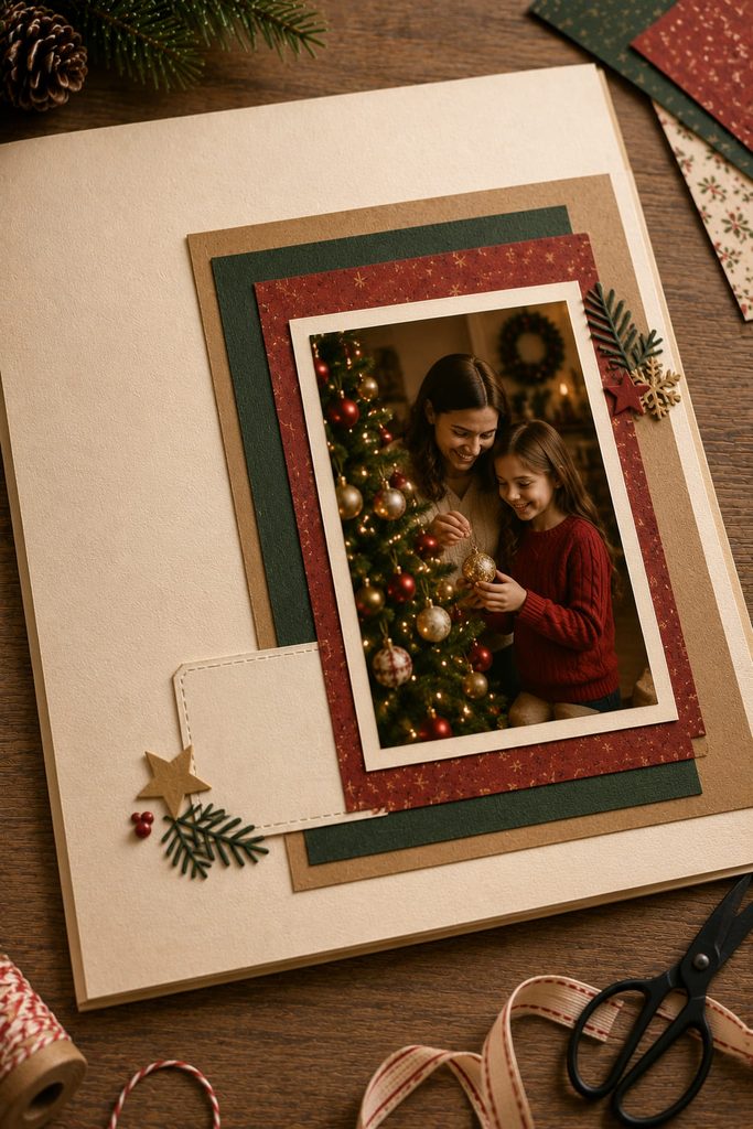 Off-center Christmas photo layered over asymmetrical green, red, cream, and kraft paper mats.