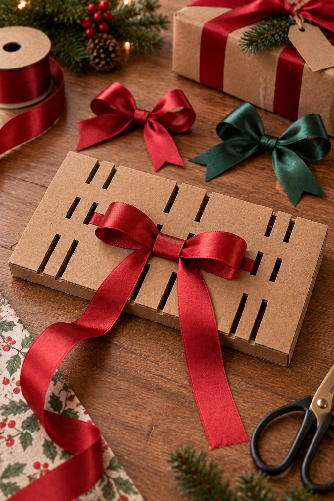Cardboard bow-making jig holding ribbon loops at an even width on a gift-wrapping table.