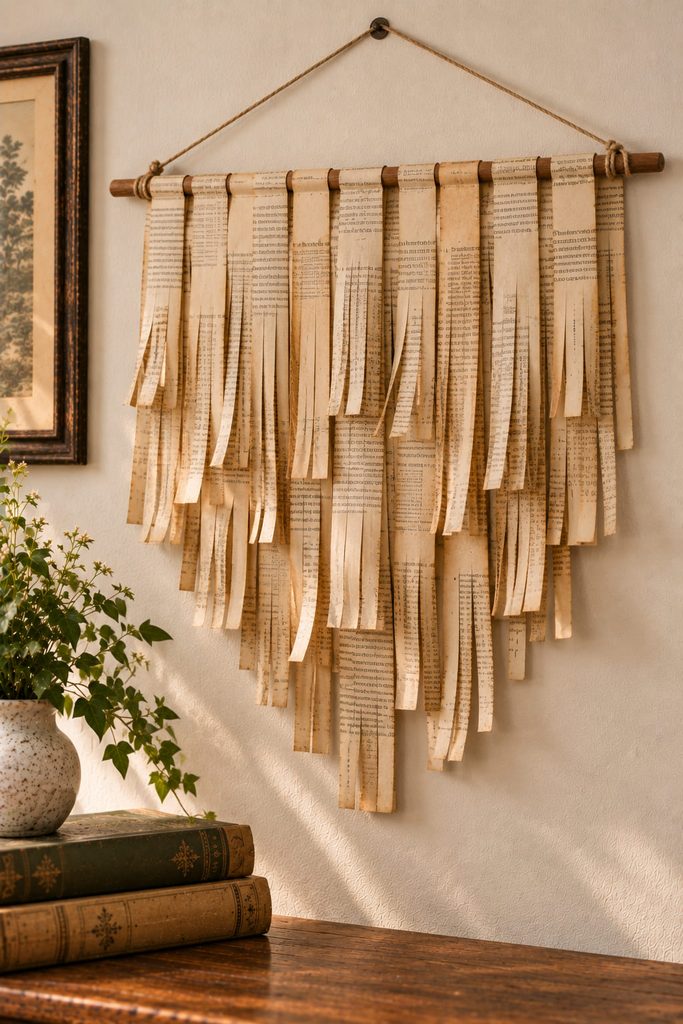Fringed wall hanging made from slit book-page strips folded over a wooden dowel.