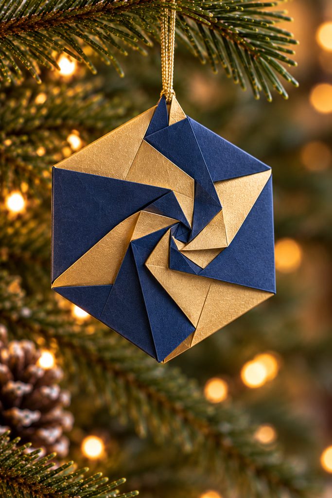 Navy and gold hexagonal twist-lock paper ornament with a centered spiral face and reinforced top corner.