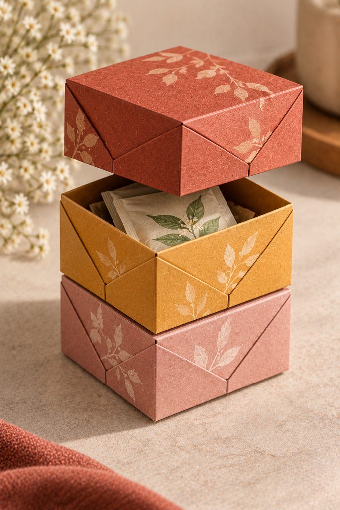 Three interlocking folded paper boxes stacked with the top layer lifted.