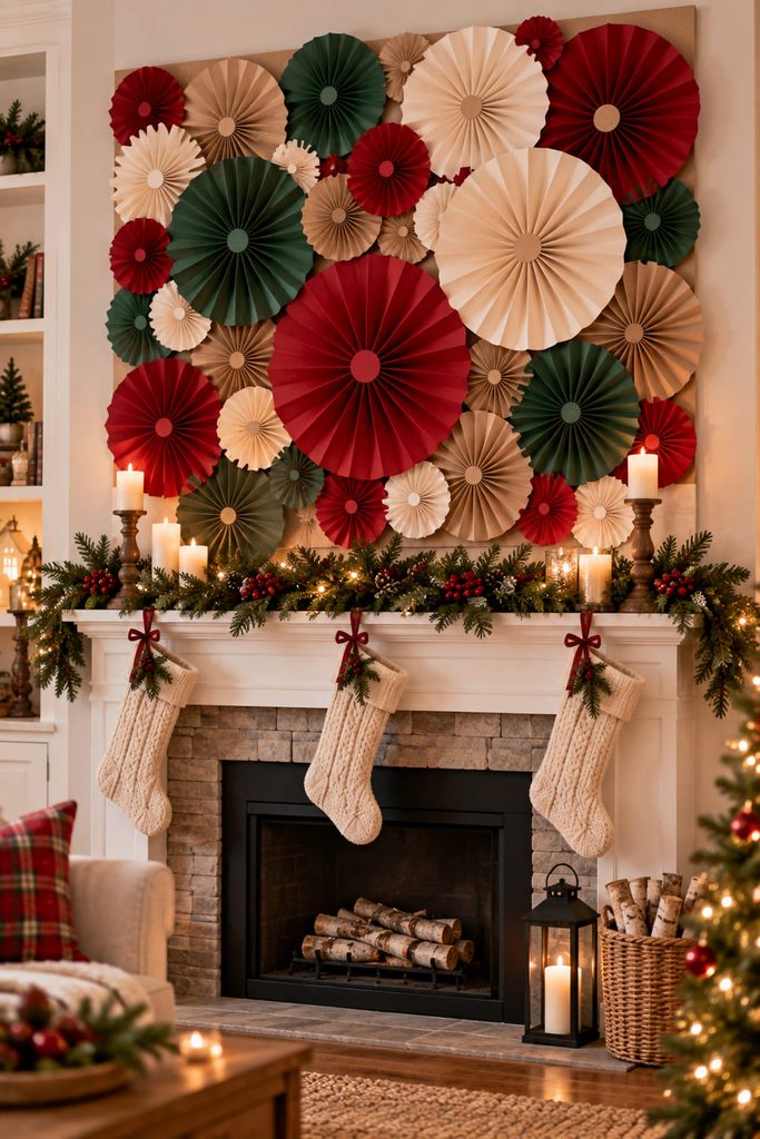 Overlapping paper fan rosettes forming a dimensional Christmas fireplace backdrop.