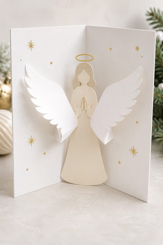 Paper angel with broad white wings lifting forward from mirrored folds inside an open Christmas card.