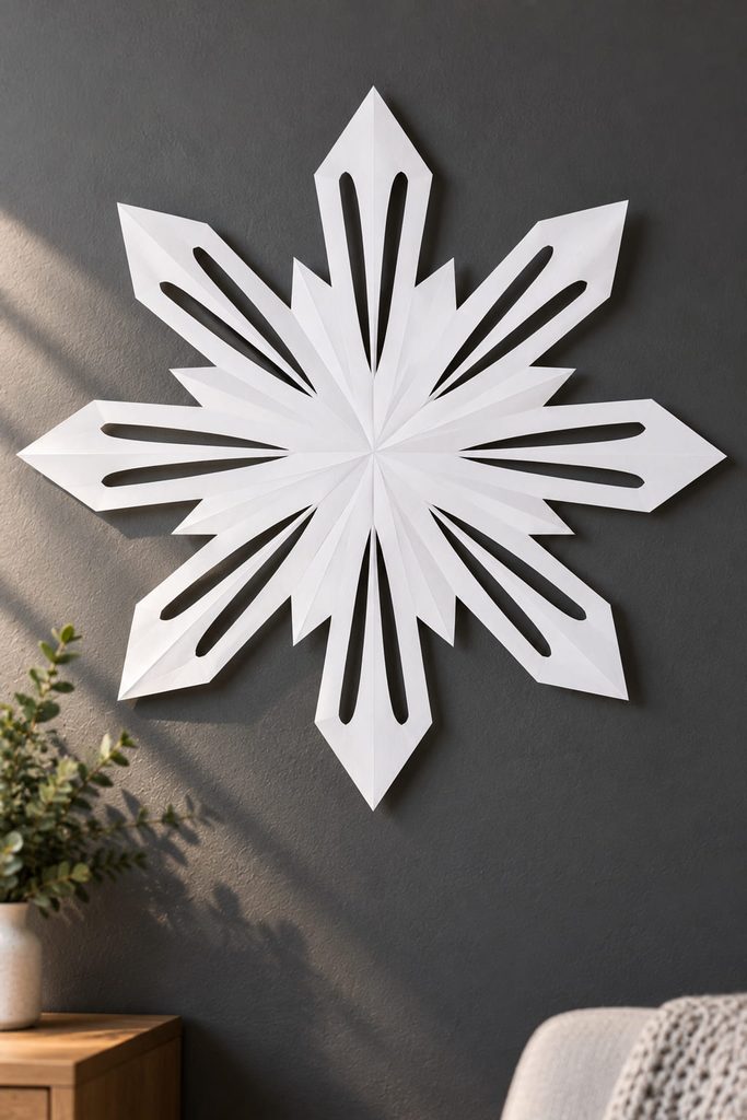 Oversized long-slot starburst paper snowflake mounted on a charcoal wall.