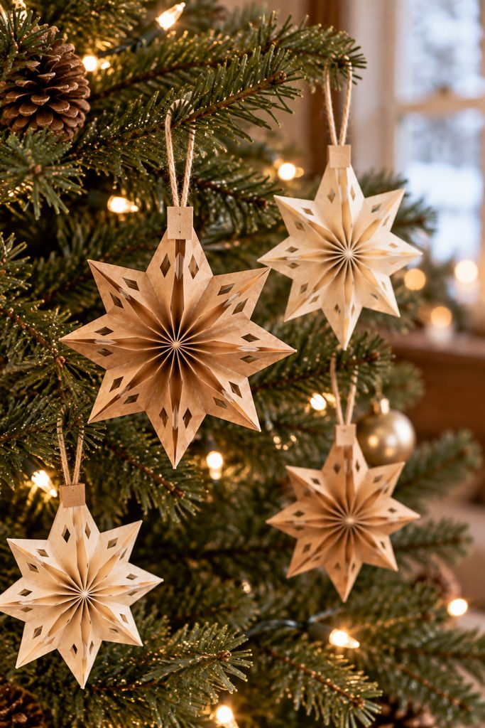 Mini paper bag star ornaments hanging from evergreen Christmas tree branches.