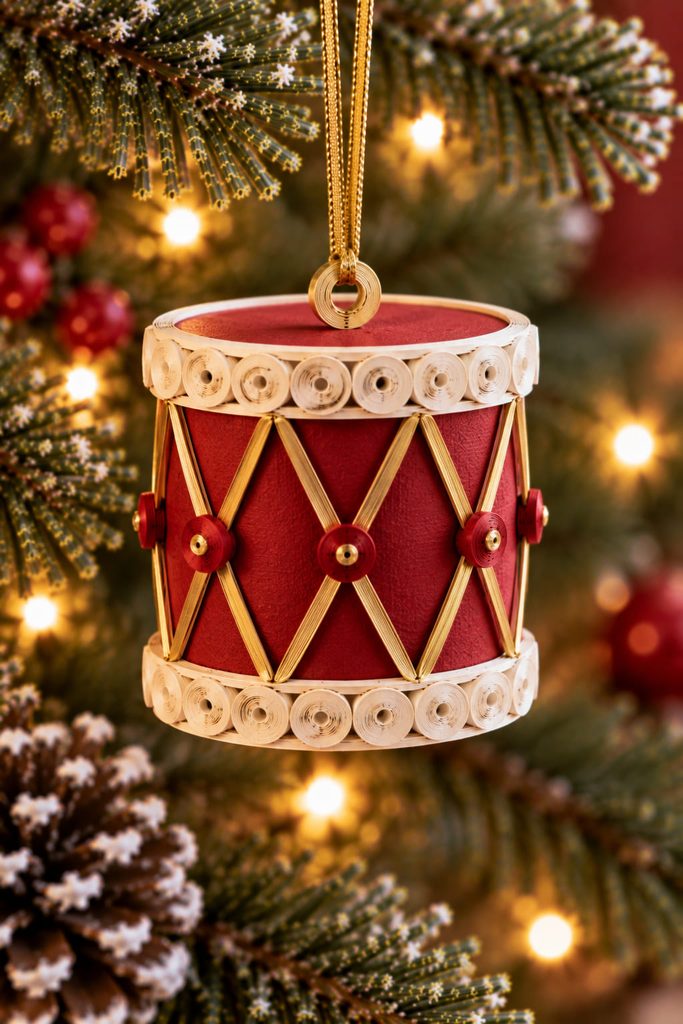 Mini red paper drum ornament with quilled rim bands, gold crossed lacing, and tiny coil accents.