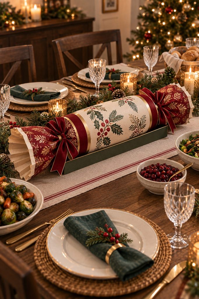 Oversized shared Christmas cracker supported in a shallow paper tray at the center of a holiday table.