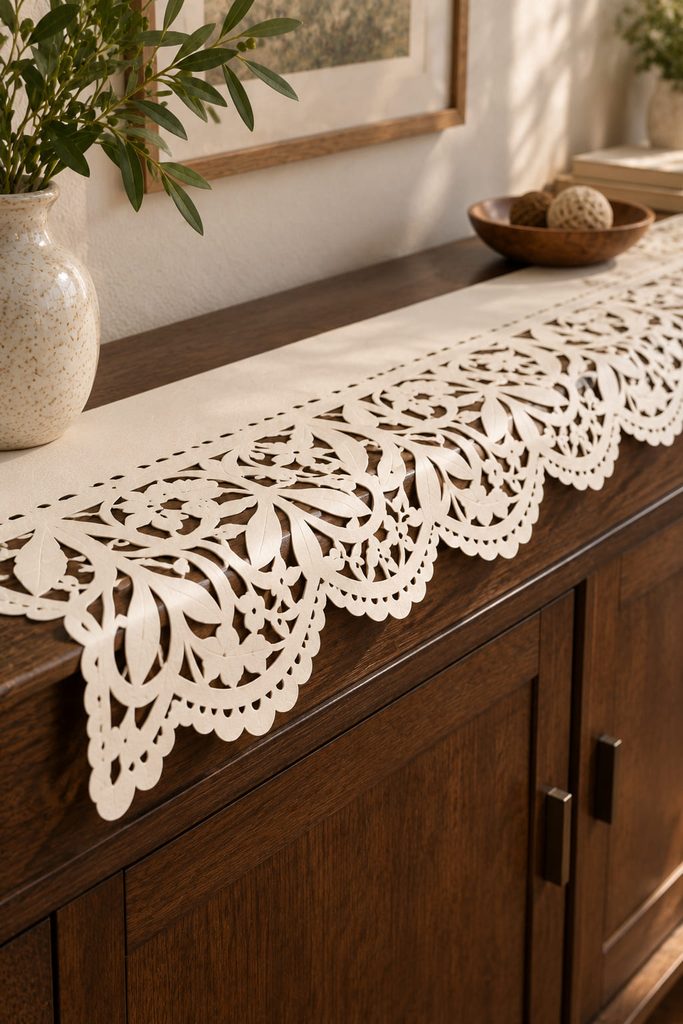 Ivory paper-lace runner with scalloped vine cutwork draped neatly along a dark wood sideboard.