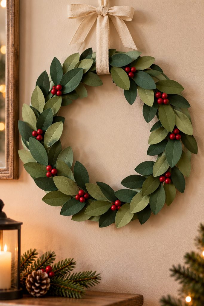 Handmade green paper leaf Christmas wreath built on a cardstock backing ring.