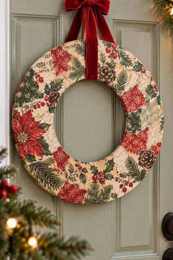 Flat Christmas wreath covered with patchwork decoupage papers and hanging from a narrow ribbon on a simple door.