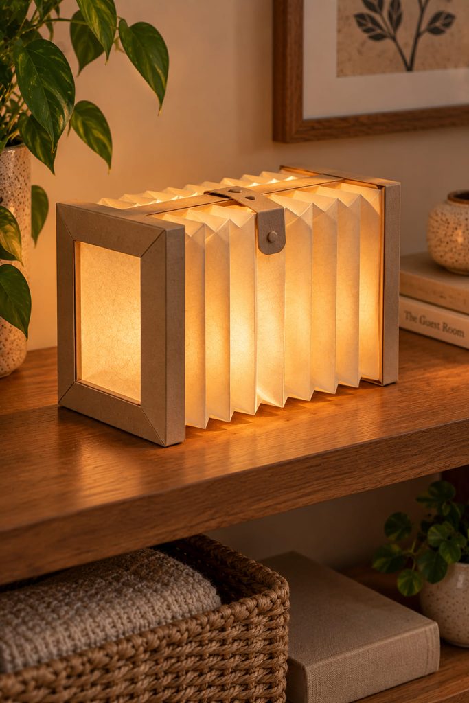Expandable bellows paper lantern with accordion sides, translucent lining and an open locking tab.