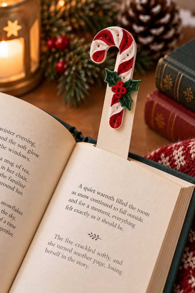 Slim cardstock bookmark with a red-and-white quilled candy cane detail above the pages of an open book.