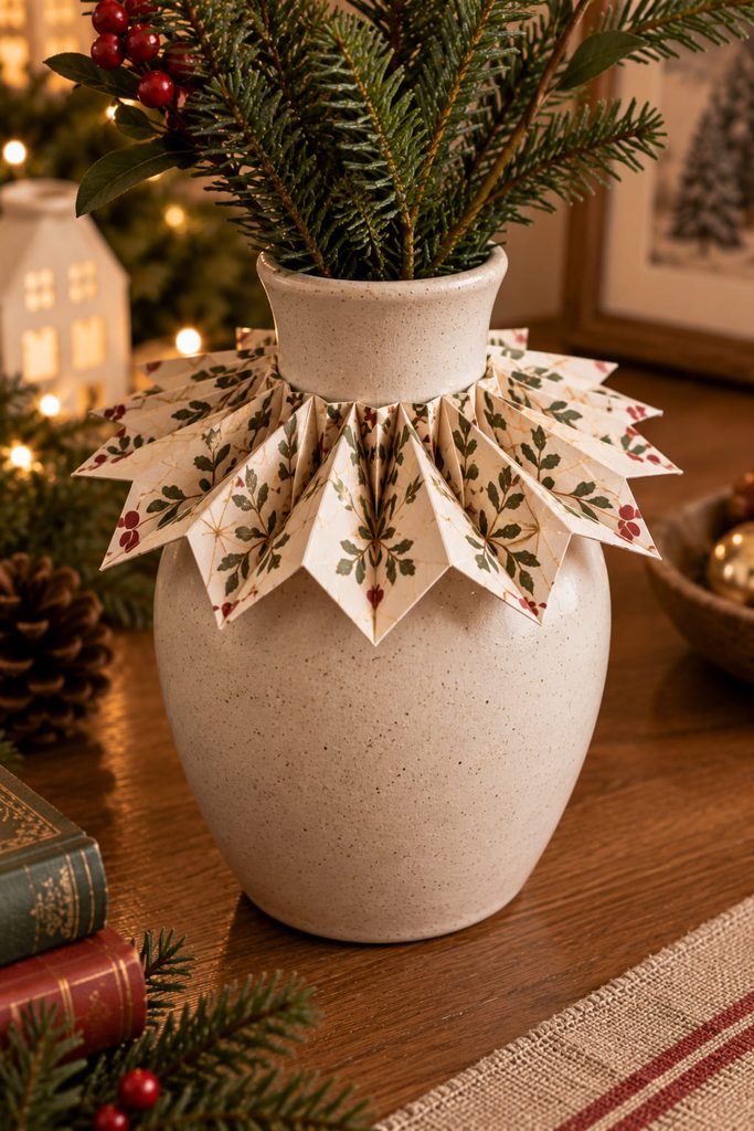 Pleated removable paper star collar resting around the shoulder of a tabletop vase.