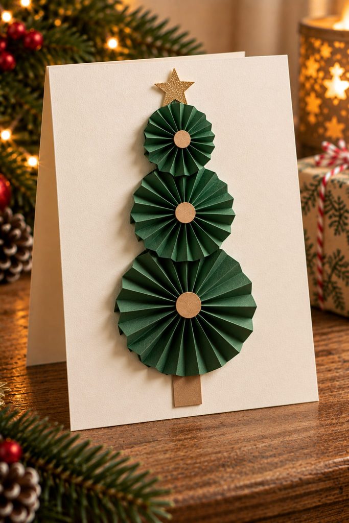Dimensional Christmas tree card made from three stacked green accordion rosettes.