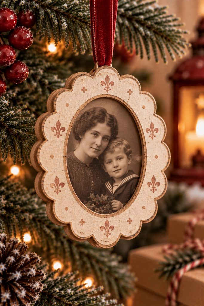 Scalloped layered cardboard ornament framing a copied sepia family photograph.