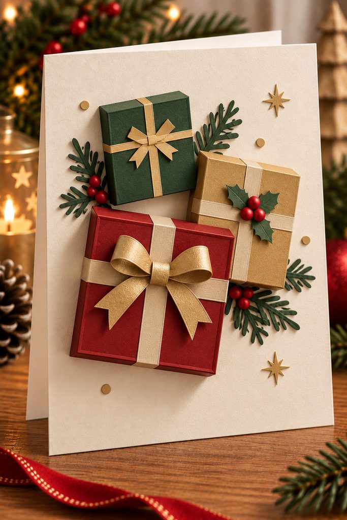 Three shallow dimensional paper gift boxes stacked across the front of a cream Christmas card.