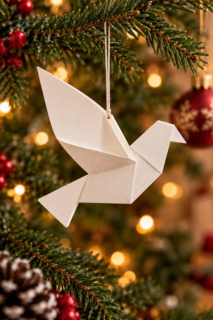 White folded paper dove ornament hanging in balanced side profile from a Christmas branch.