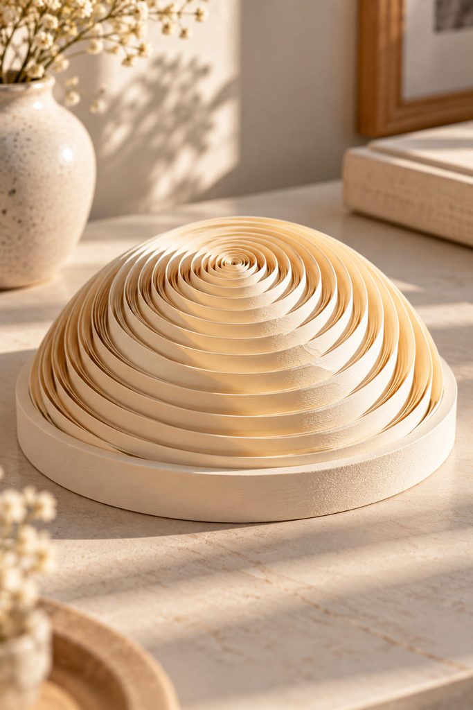 Shallow tabletop quilled paper dome sculpture made from a continuous concentric coil.
