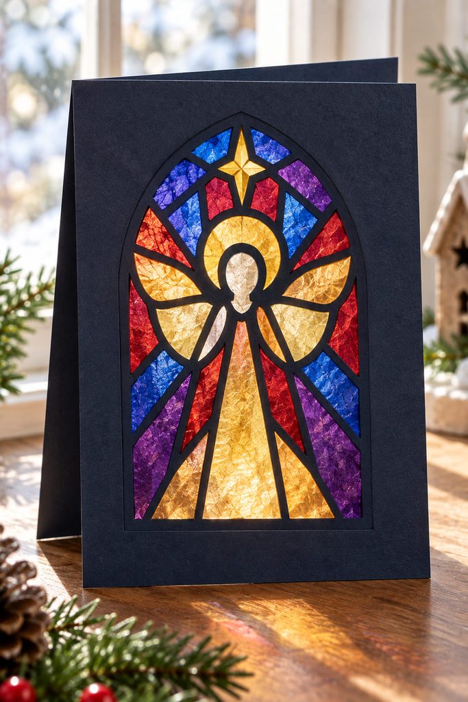 Backlit tissue-paper angel window in jewel colors on a dark handmade Christmas card.