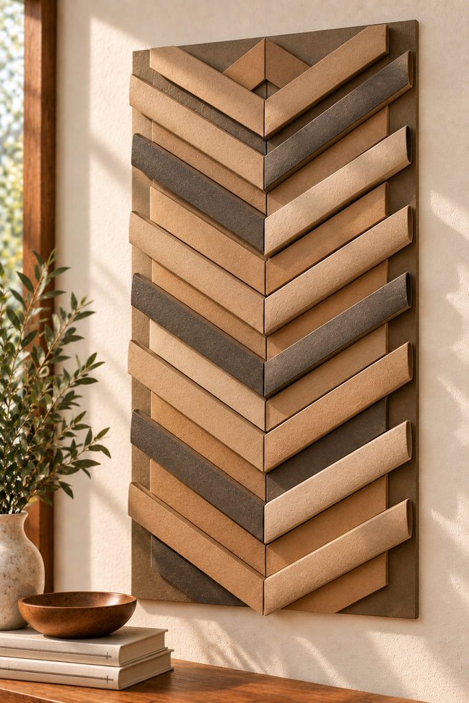 Flattened cardboard tube slats arranged in aligned stepped chevrons across a rigid wall panel.