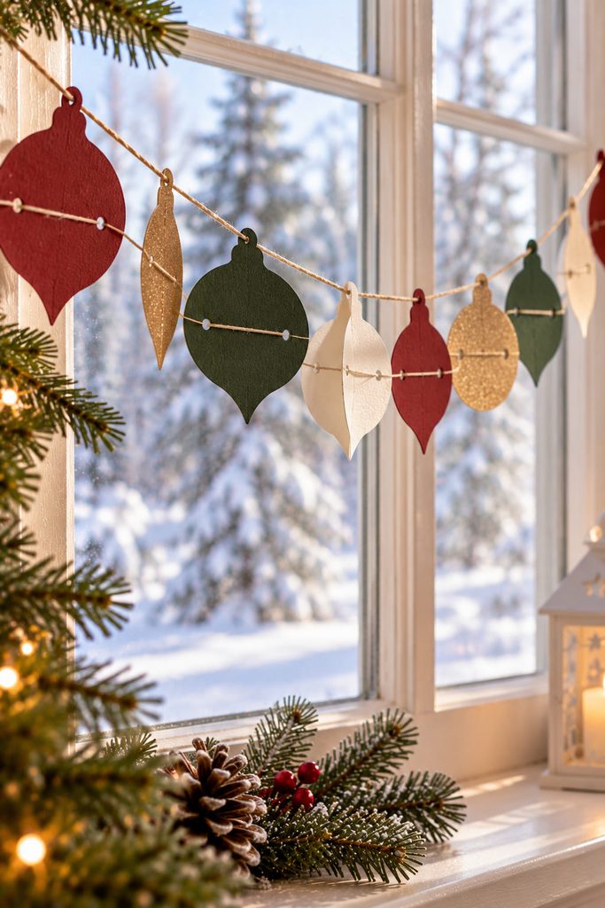 Stitched paper ornament disks rotating slightly along a handmade Christmas garland.
