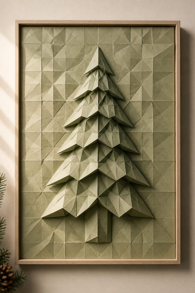 Tessellated paper Christmas tree relief emerging from a geometric origami crease grid.