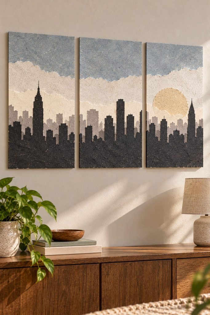 Three-panel torn-paper skyline artwork with a continuous dark city silhouette and open sky.