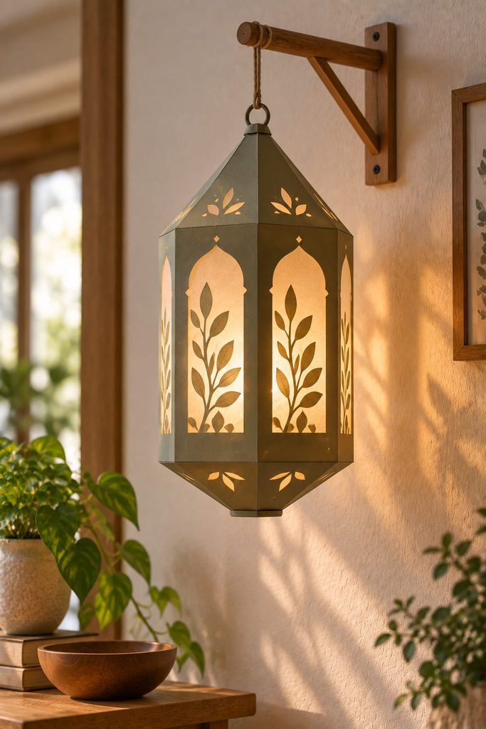 Hanging cardstock lantern with translucent vellum windows glowing from a cool battery-powered LED.
