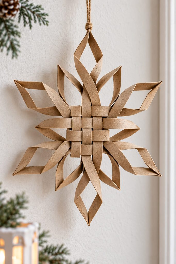 Natural kraft snowflake with a visible over-under woven cardboard-strip center and pointed arms.