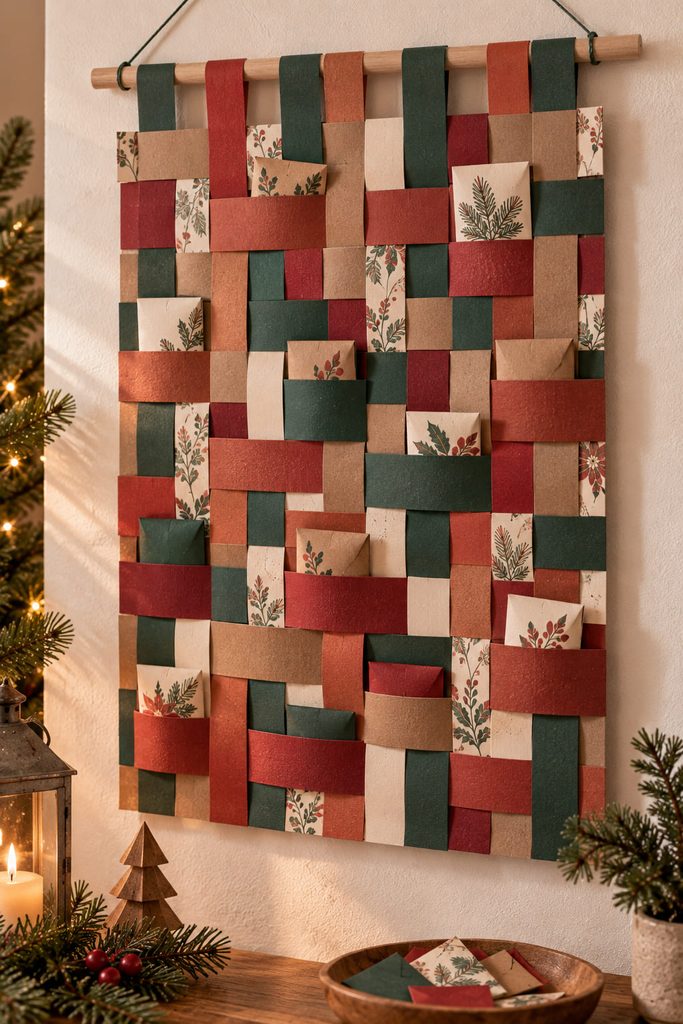 Woven cardstock wall hanging with integrated paper pockets for an advent calendar.