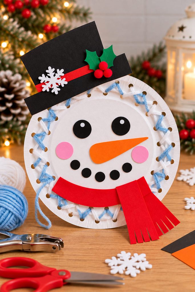 Yarn-laced paper plate snowman with punched rim holes