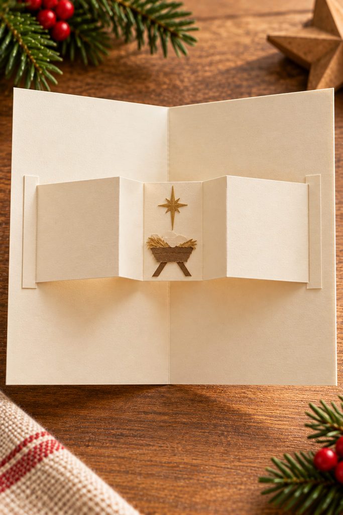 Open Christmas card with a blank accordion message strip and a small central manger motif.
