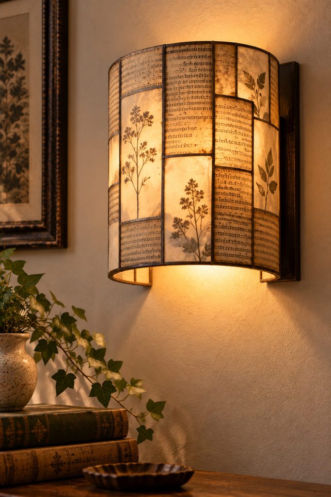 Backlit book-page wall sconce with translucent printed paper glowing around a cool LED source.