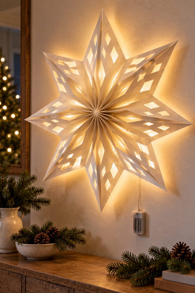 Lace-cut paper bag star mounted off the wall with a soft cool battery-powered LED glow behind it.