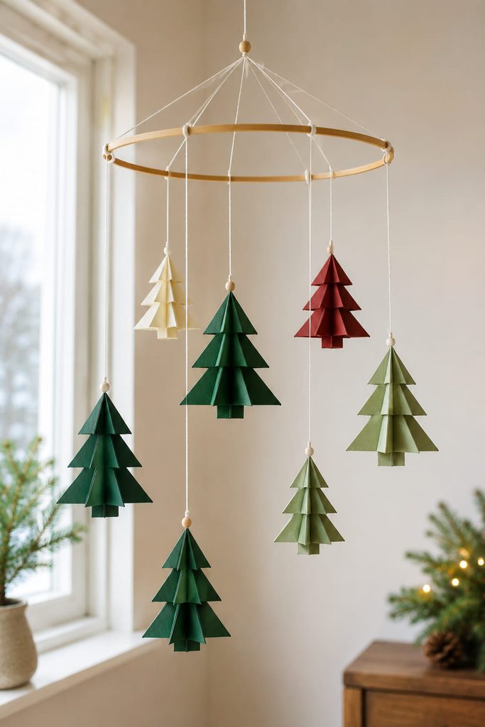 Balanced mobile with several origami Christmas trees hanging at different heights.
